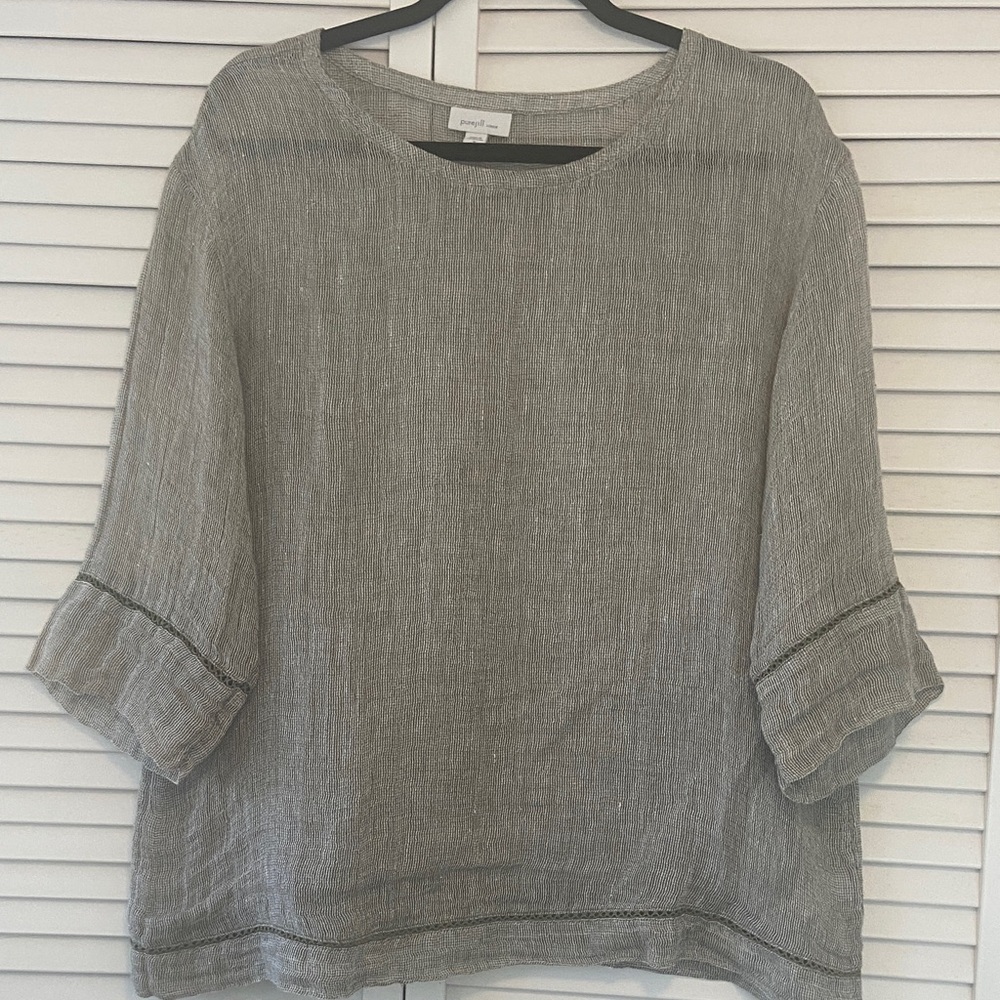 Purejill, Sage Green/White 100% Linen Blouse 3/4 Sleeve Woman’s Size M
